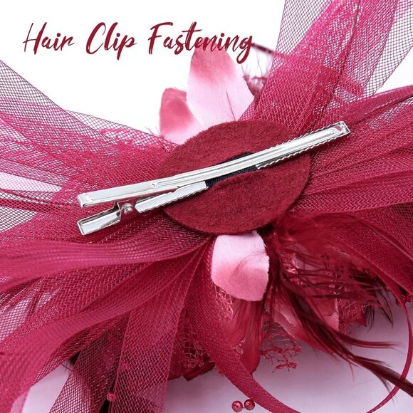 Women\'s Fascinators Feathers Mesh Ribbons Tea Party Hats Headband Clip Burgundy main image 3